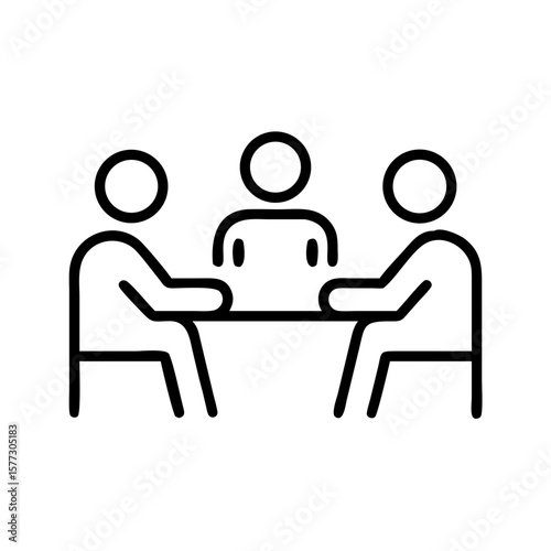 People discussing around a table in simplistic line art style. Team members in discussion together, collaborating and brainstorming ideas.