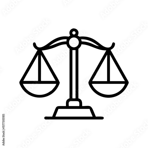 Featuring scales of justice in line art symbol, representing balance and fairness. Scales of justice are seen as simple legal symbol conveying objectivity and impartiality.