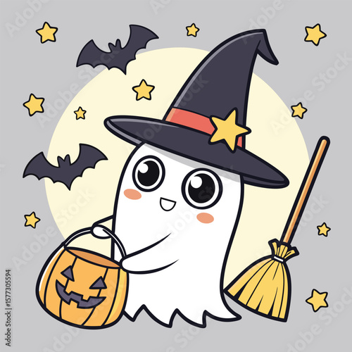Cartoon ghost wearing a wizard hat is holding a pumpkin pail and broom on Halloween