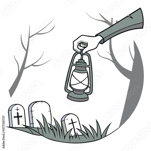 A hand holding a vintage lantern illuminates a spooky graveyard scene with tombstones and bare trees under a pale moonlit sky