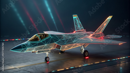 3D Abstract Polygonal Fighter Jet Prototype – Glowing Wireframe 5th-Gen Aircraft Render

