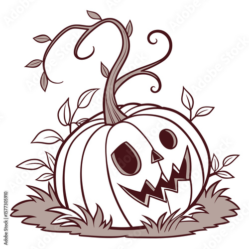 A whimsical cartoon jack o lantern with a spooky grinning face and curly vines with leaves growing from its stem set against a white background