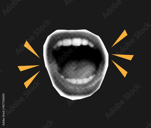 Screaming mouth in halftone style with lightning elements,vintage collage cut out element