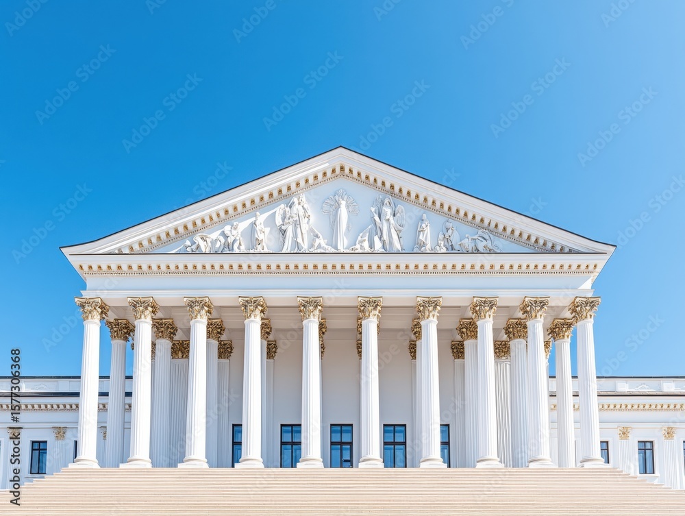 Obraz premium Classic building facade, steps, columns, blue sky