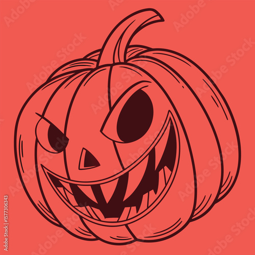 Carved spooky pumpkin gleams, showing sharp fangs and furrowed brows on orange background