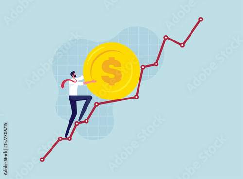 Investing earning profit concept, businessman rolling up dollar coin on stock market chart, entrepreneur drives funds upward on a growing chart