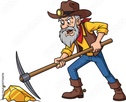 Cartoon gold miner character digging treasure, old prospector with pickaxe, wild west miner illustration, gold rush concept, vector graphic
