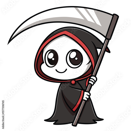 Cute cartoon reaper with big eyes holds his large scythe against white background