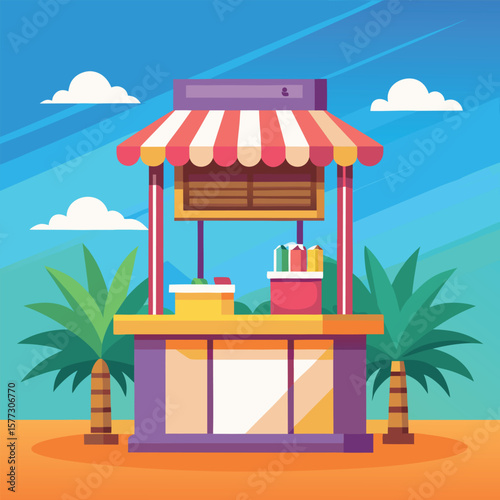 Colorful beachside kiosk illustration with palm trees and blue sky for summer or vacation travel concepts