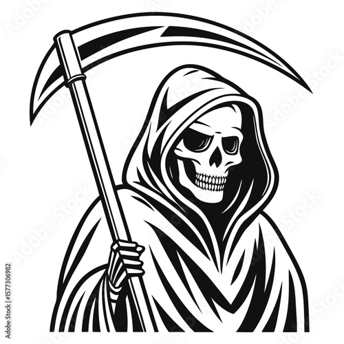Grim reaper monochrome shows skeleton with robe holding deadly scythe in darkness