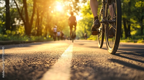 Cyclists ride along a dedicated bicycle lane in an eco-friendly city surrounded by trees and clean air.

