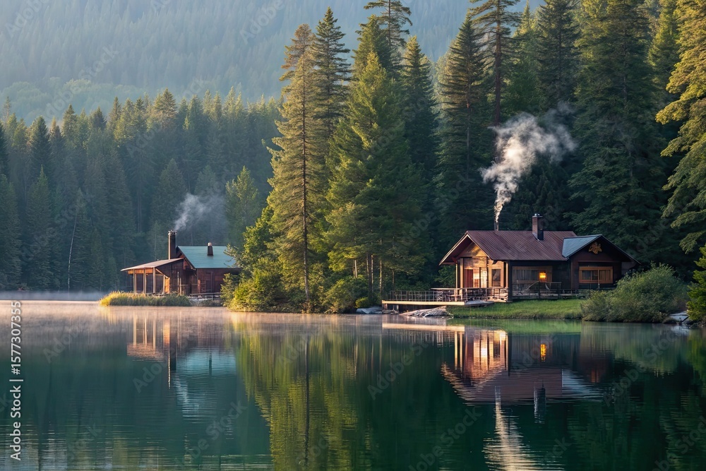 Fototapeta premium Beautiful two story contemporary house on a lake with balcony and scenic windows, Luxury houses built beside lake with docks and little beaches among the trees, Triangular Modern Lake House At Fall