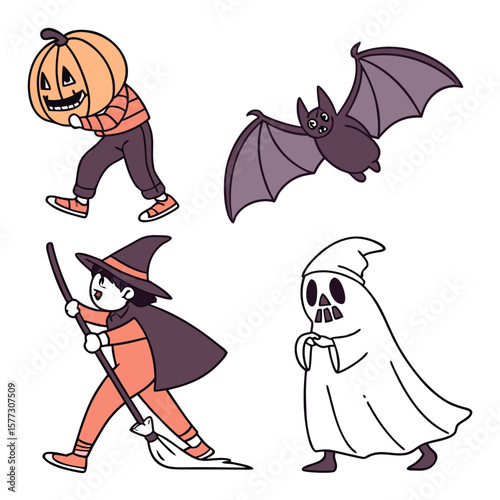 Charming cartoon illustration featuring a person in a pumpkin costume a witch with a broom a flying bat and a friendly ghost on a white background