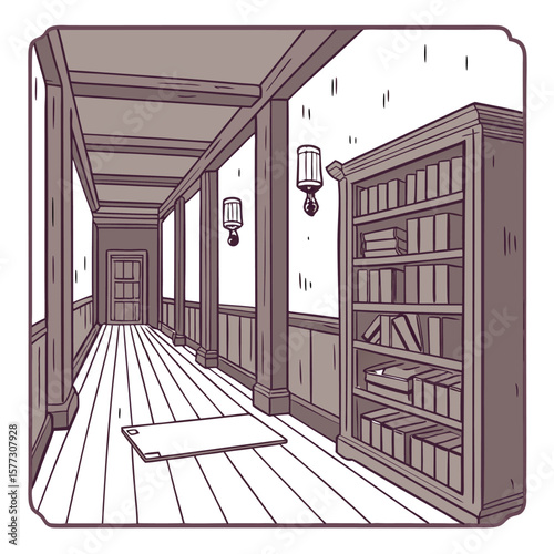 A dimly lit vintage hallway with wooden floors a large bookshelf filled with books and hanging lamps suggesting a library or old house interior