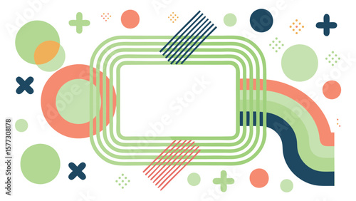 Illustration featuring a rounded rectangle frame with abstract shapes and lines in pastel colors scheme
