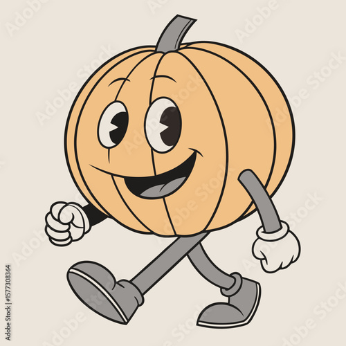 Smiling cartoon pumpkin character walks cheerfully with glove hands and shoe feet on display