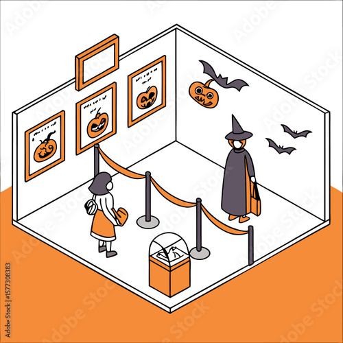 Isometric view of a halloween themed art exhibition featuring carved pumpkins on display with a witch and a visitor admiring the spooky decorations and artwork