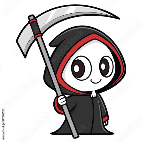 Smiling cute cartoon grim reaper character holds his scythe high, isolated on white