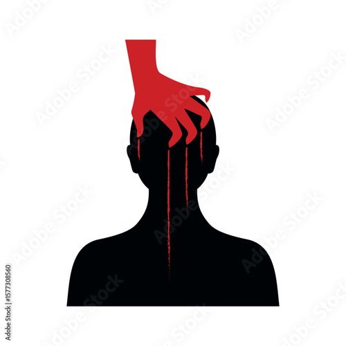 Evil red hand scratching human face vector illustration. Devil hand clawing face icon isolated on a white background. Person with mental illness abstract symbol. Mental disorder abstract head drawing