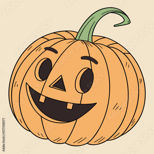 Smiling jack olantern features a triangle nose and unique teeth on light tan background