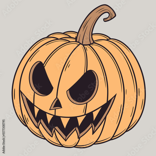 Spooky cartoon jacko'lantern with sharp teeth is ready to celebrate Halloween, isolated on gray