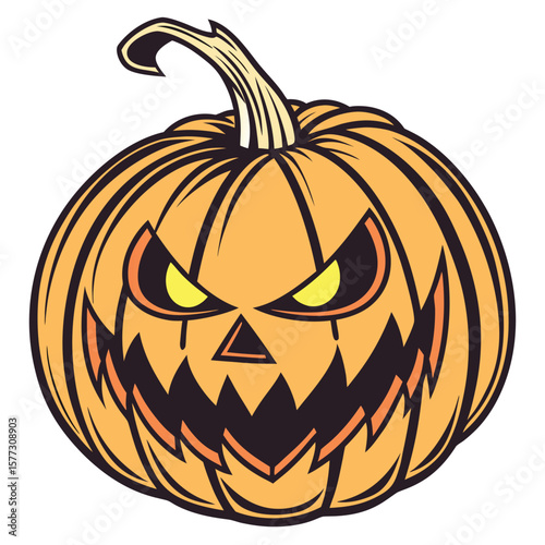 Stylized pumpkin with bright yellow eyes and fierce teeth features a transparent background