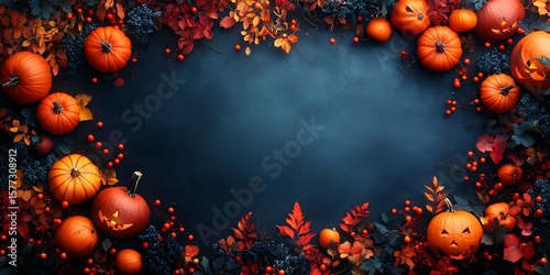 Spooky jack-o'-lantern glowing on a forest floor covered with autumnal leaves brings the magic of Halloween night.