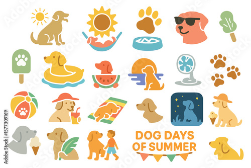 Dog Days of Summer Cute Puppy Activities Icons Summer Fun Vector Set