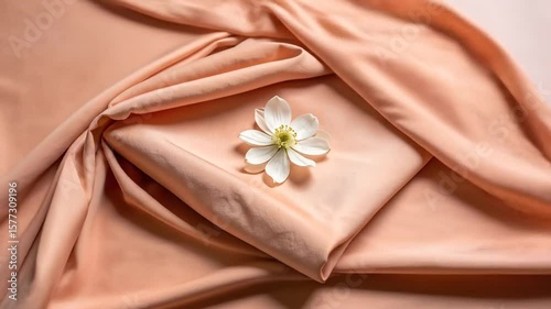 Peachy fabric draped with a single white flower