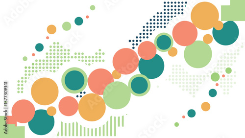 Abstract composition of circles and dots in green orange and teal on a white background design artful layout