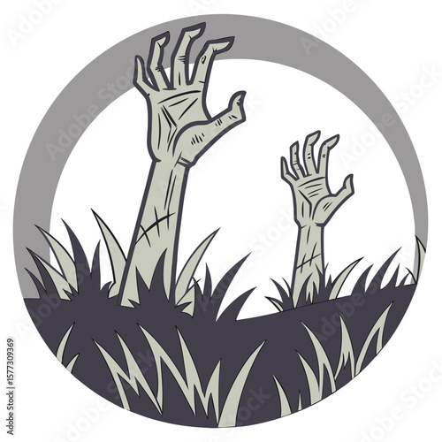 Two creepy zombie hands with outstretched fingers emerge from dark grass and earth against a pale moonlit sky in a circular graphic