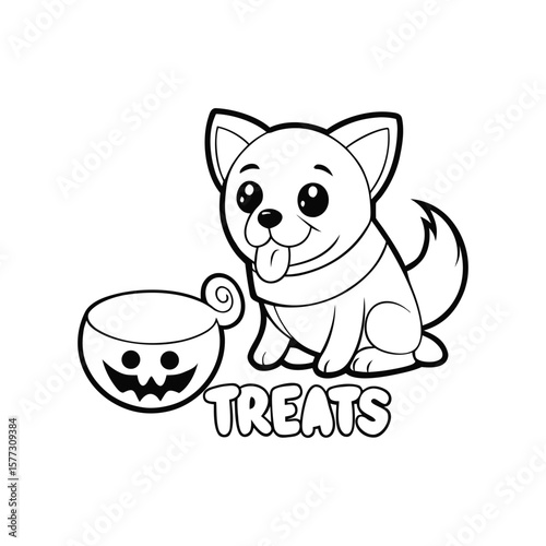 A ghost dog wearing a collar with pumpkin tag Halloween kids coloring book Vector illustration