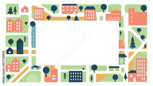 Illustration of a colorful city map with buildings trees and roads forming a frame around a blank space