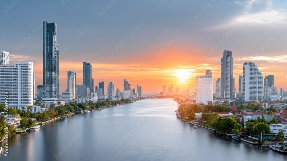 Fototapeta premium City Skyline at Sunset: A stunning cityscape unfolds along a tranquil river as the sun sets, painting the sky with warm hues and reflecting on the calm water.