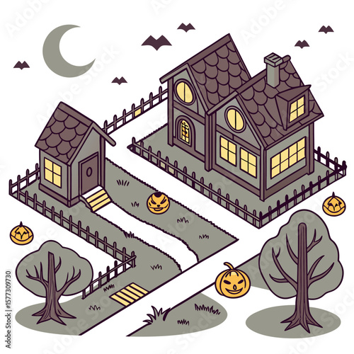 Isometric illustration of a spooky halloween scene featuring a haunted house a smaller shed carved pumpkins bats and a crescent moon on a white background