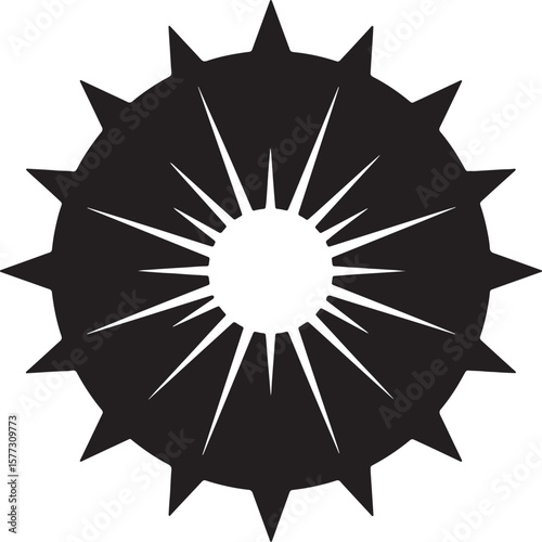 Abstract black and white design illustrating a circular spiked sunburst shape for decoration