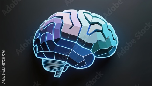 Geometric Brain Design in Neon Colors with Abstract Shapes and 3D Effect on Dark Background
