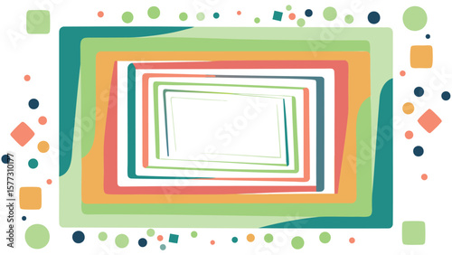 Colorful rectangular frame with rounded corners and scattered geometric shapes on a white background design