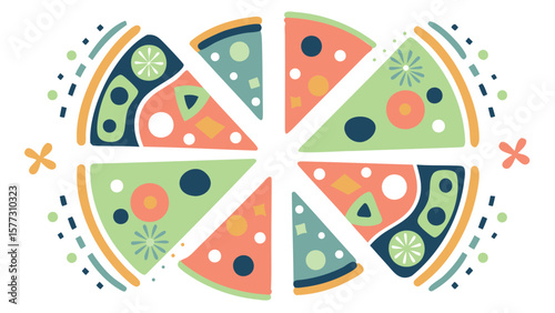 Stylized pizza slices arranged in a circle with decorative elements around the perimeter of the pizza