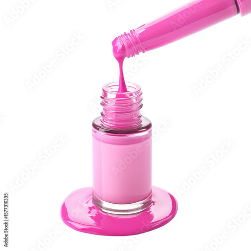 A Makeup Brush with Soft Bristles and a Bold Lipstick Neatly Arranged Together and Isolated on White Background for Beauty and Cosmetic Design Use

