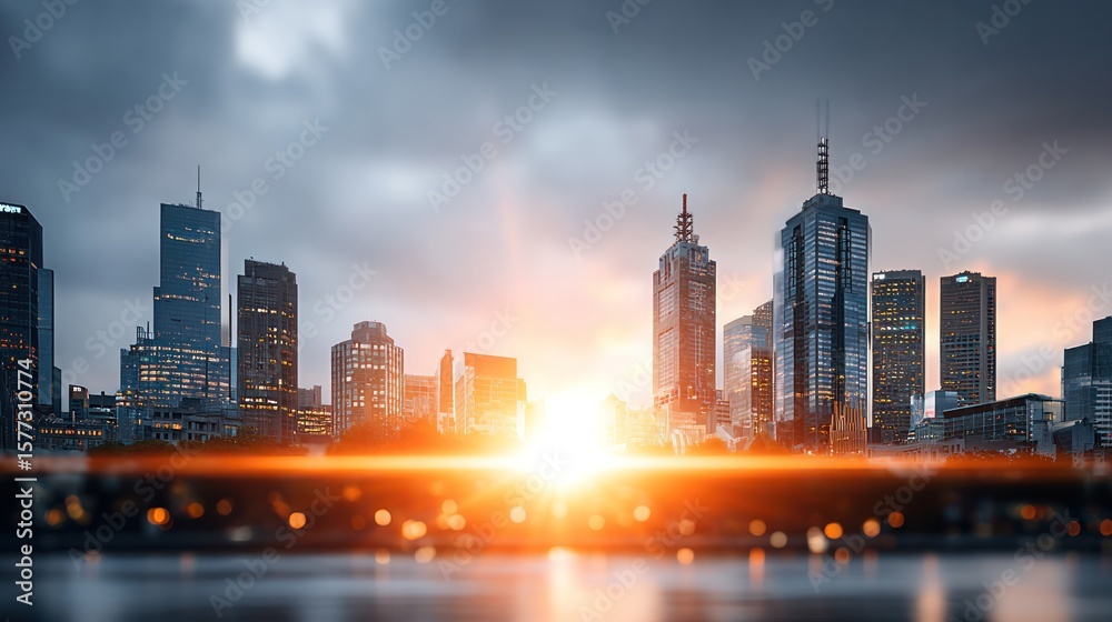 Obraz premium Urban Symphony: A breathtaking cityscape basks in the warm embrace of the rising sun, its skyscrapers reaching for the sky amidst a symphony of architectural brilliance. The scene.