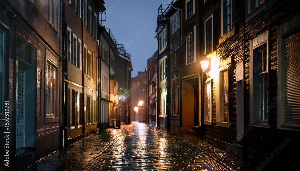 Fototapeta premium back street alley with old city houses in rain at night empty dark alleyway