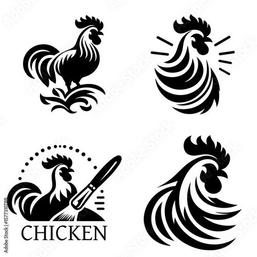 Rooster Silhouettes Collection of Black and White Cockerel Logos