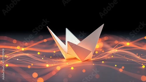 Abstract orange yellow fire LED line glowing background with an origami shape