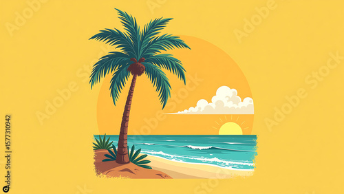 Wallpaper Mural faded yellow summer california features stylized illustration palm tree bright blue sky fluffy Torontodigital.ca