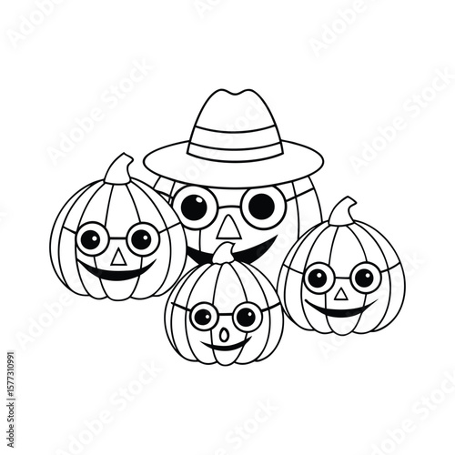 A jack o lantern parade with hats and glasses Halloween kids coloring book Vector illustration