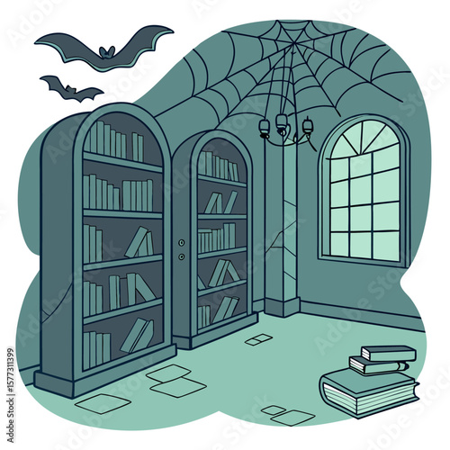 A spooky dimly lit library room with tall bookshelves filled with books a large arched window cobwebs a chandelier and two bats flying overhead