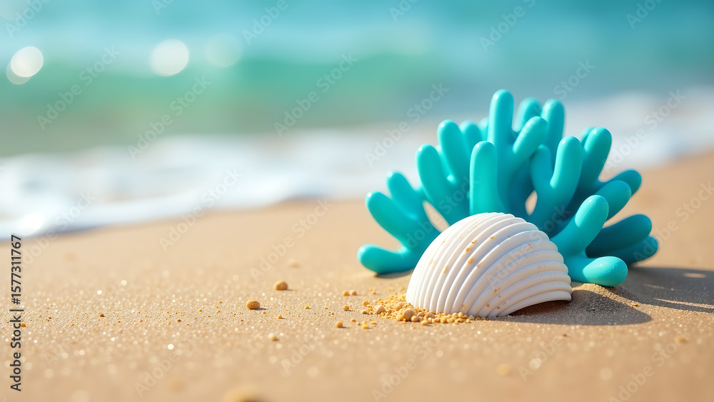 Obraz premium lone white seashell rests patch vibrant blue coral set amidst golden sand soft diffused natural light gentle waves