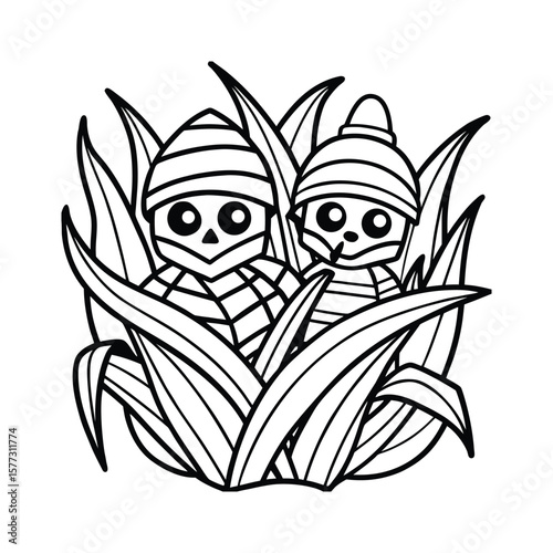 A Halloween mummy and witch playing joyfully kids coloring book Vector illustration