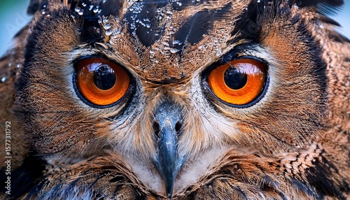 intense gaze of an owl an eye level close up showcases the intricate details of an owl s eye with water droplets clinging to its feathers creating a stunning and intense focal point